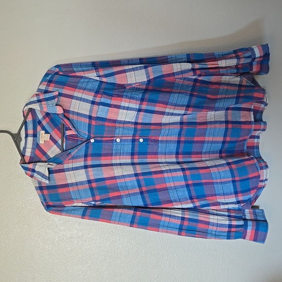 J. Crew | Blue & Pink Plaid Cotton Popover Long Sleeve Top Size Small - Picture 2 of 9